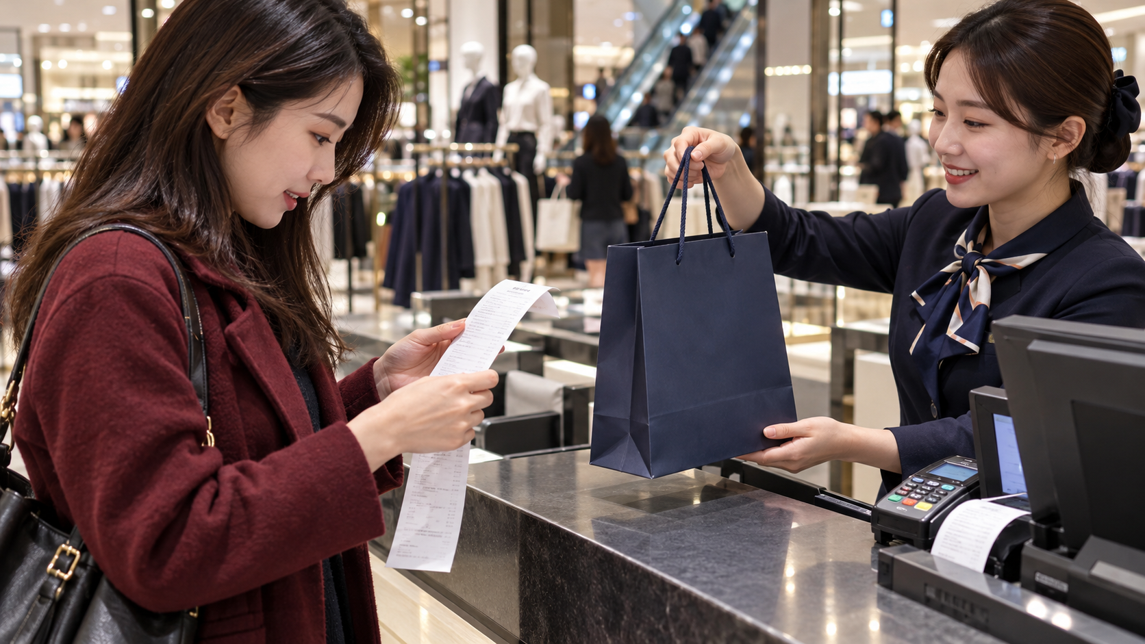 百貨顧客在結帳櫃台核對收據,店員遞上購物袋