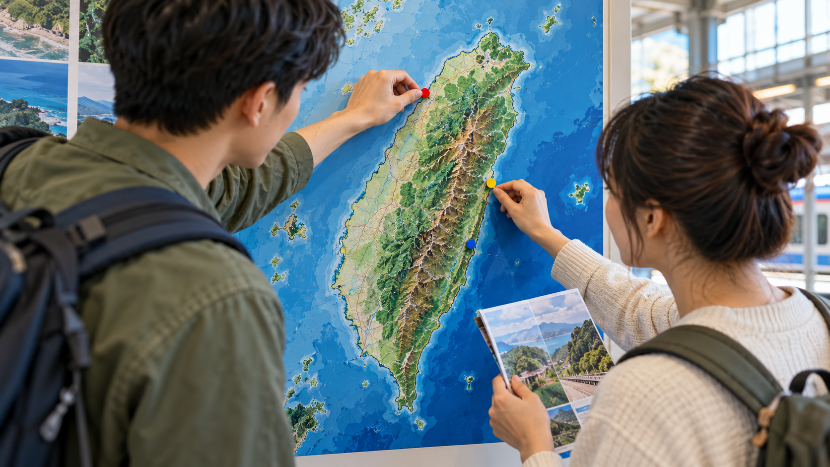 兩名旅人面對台灣地圖討論行程,手指標記旅行目的地