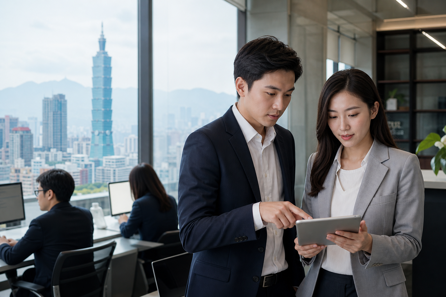 Business professionals verifying official event information digitally before weekend outings in Taiwan